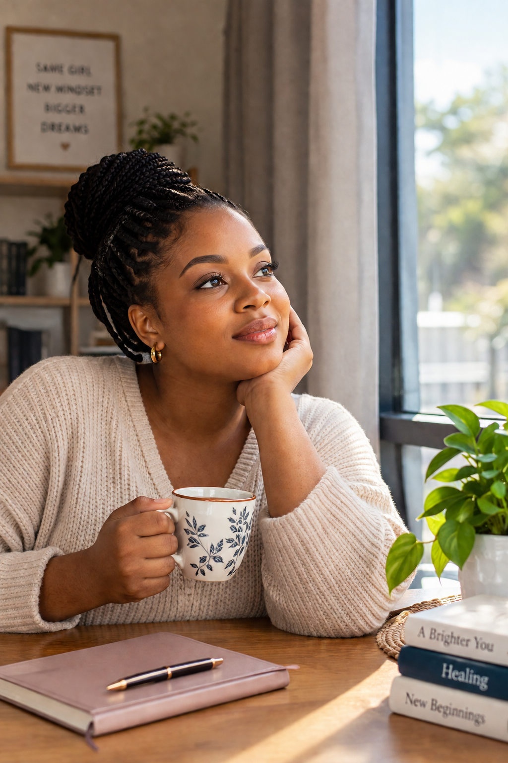 Maky Jane holding a cup of tea by a window, reflecting on her next finished thing