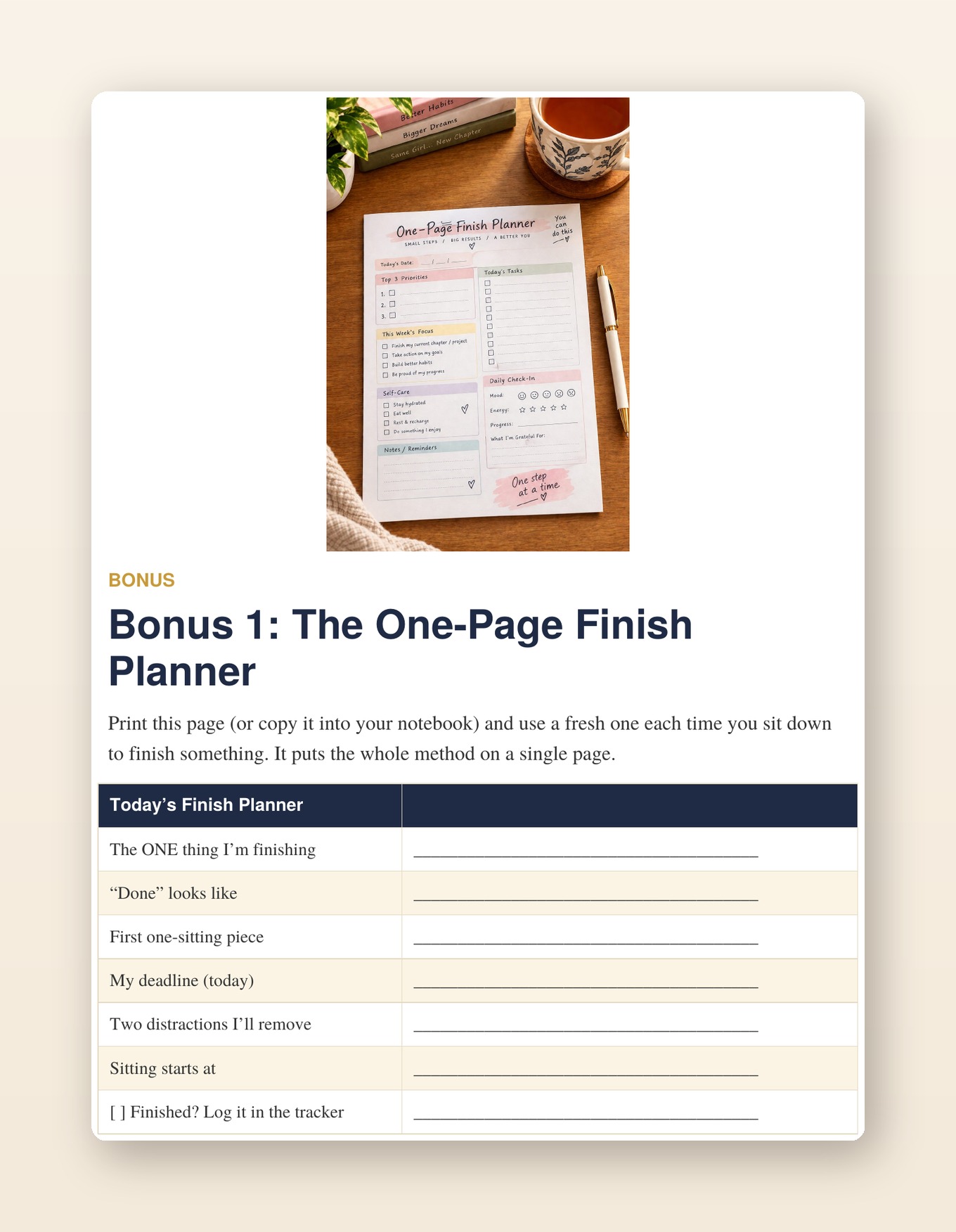 The One-Page Finish Planner bonus worksheet